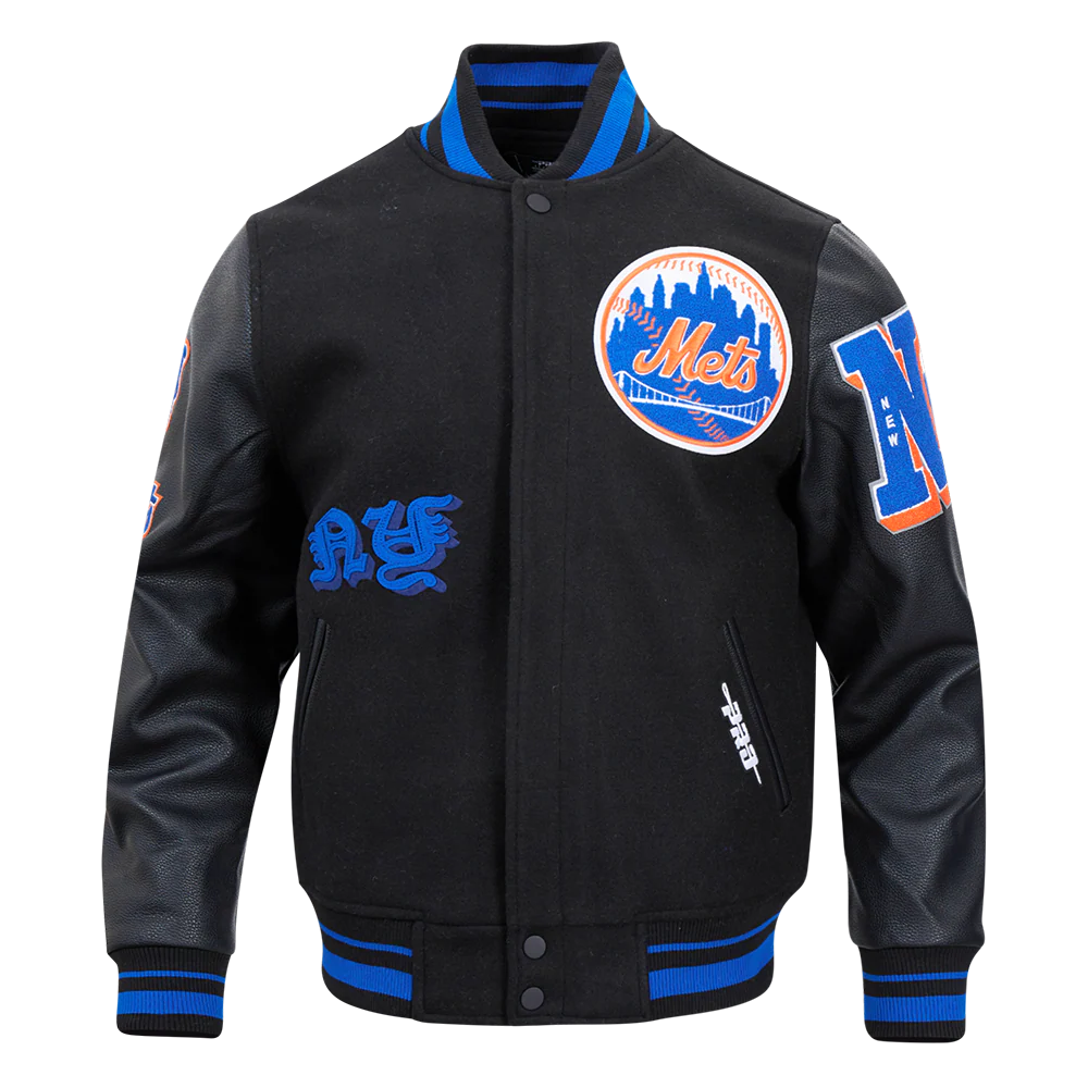 MLB NEW YORK METS OLD ENGLISH MEN'S RIB WOOL VARSITY JACKET (BLACK/ROYAL BLUE/BLACK)