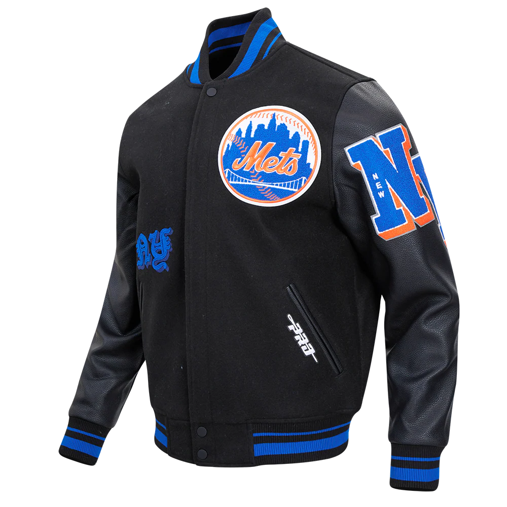 MLB NEW YORK METS OLD ENGLISH MEN'S RIB WOOL VARSITY JACKET (BLACK/ROYAL BLUE/BLACK) - Image 2