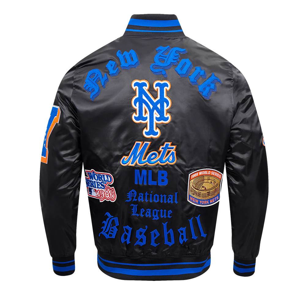 MLB NEW YORK METS OLD ENGLISH MEN'S RIB SATIN JACKET (BLACK/ROYAL BLUE/BLACK) - Image 4