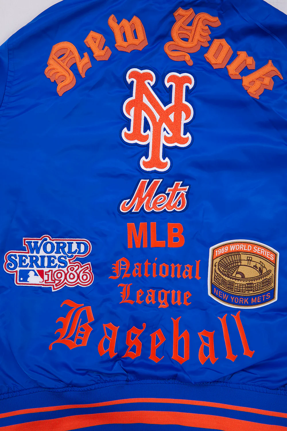 MLB NEW YORK METS OLD ENGLISH MEN'S RIB SATIN JACKET (ROYAL/ORANGE/ROYAL) - Image 5