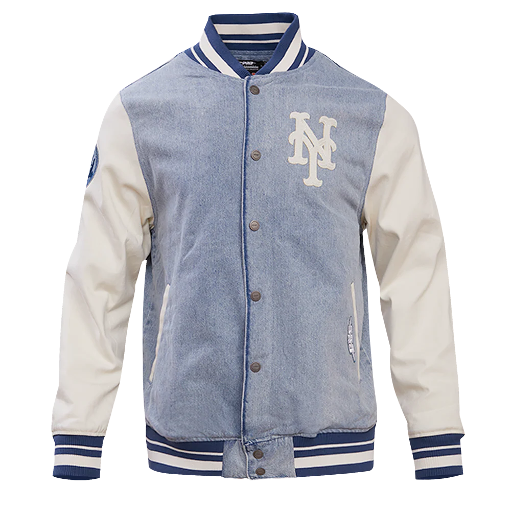 MLB NEW YORK METS VARSITY BLUES MEN'S DENIM VARSITY JACKET (DENIM/LINEN)