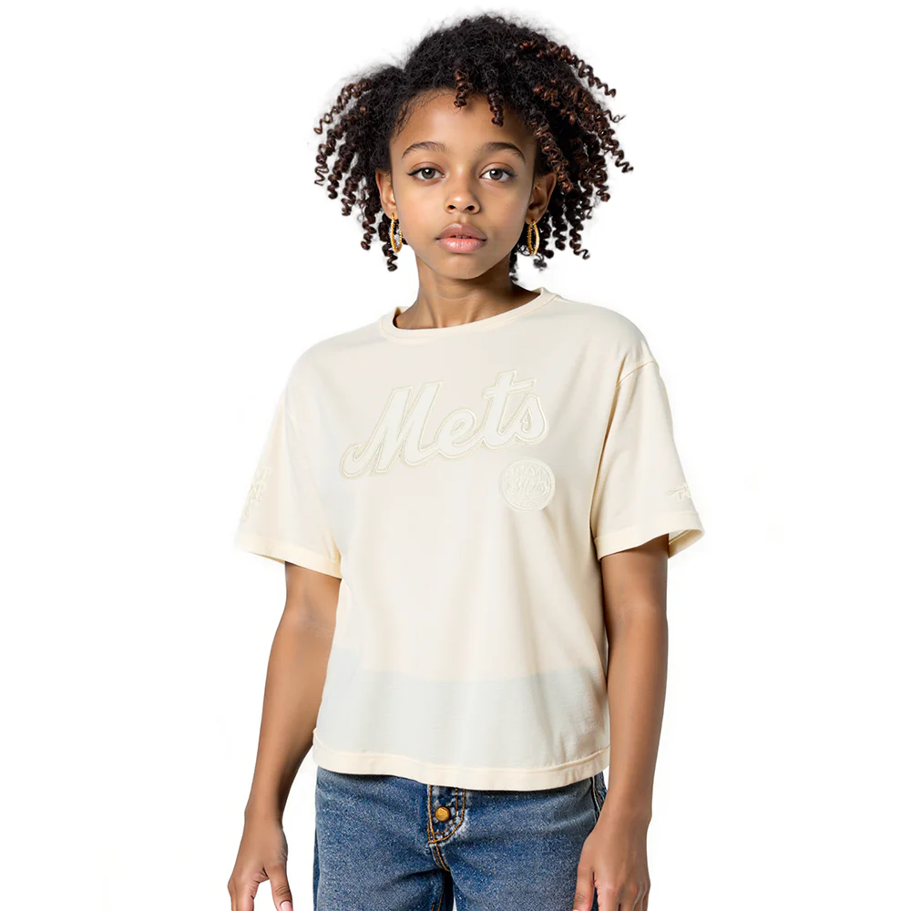 MLB NEW YORK METS NEUTRAL BIG GIRL'S SS BOXY TEE (EGGSHELL)