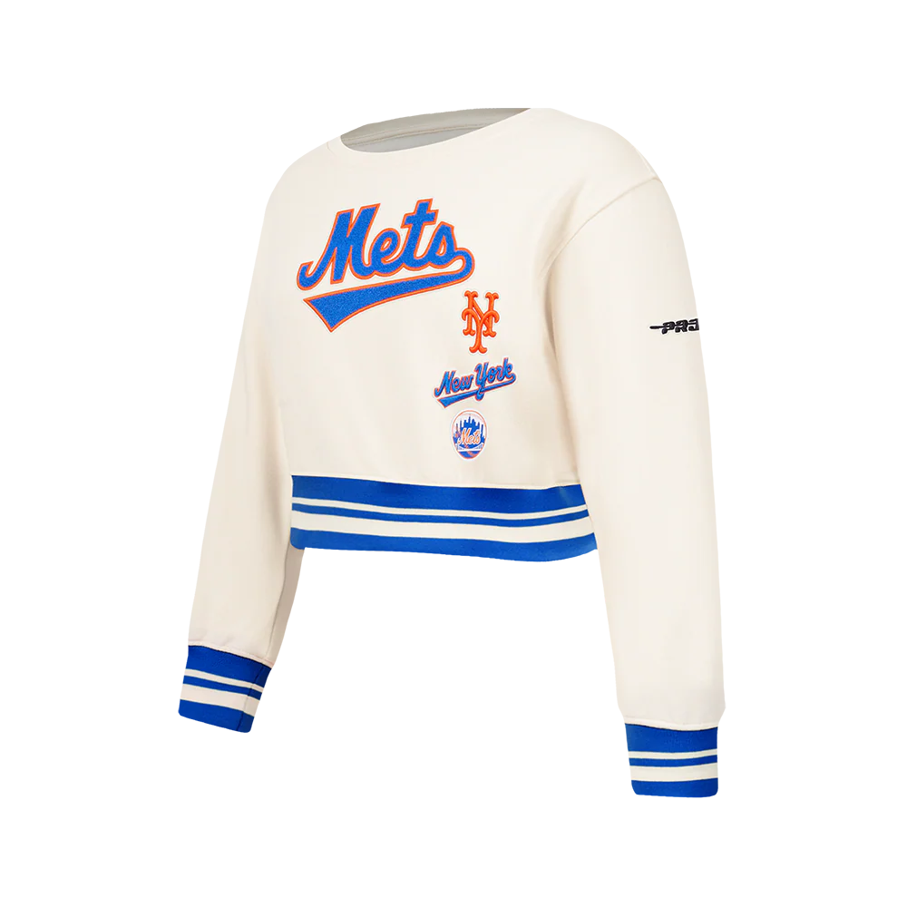 MLB NEW YORK METS RETRO CLASSIC BIG GIRLS RIB FLEECE CREWNECK (EGGSHELL/ROYAL BLUE) - Image 2