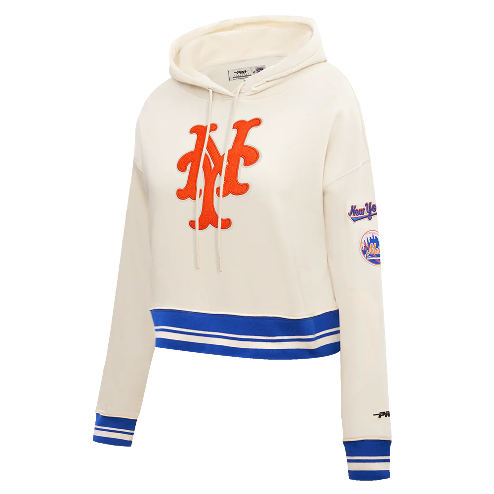 MLB NEW YORK METS RETRO CLASSIC WOMEN'S RIB CROPPED PULLOVER HOODIE (EGGSHELL/ROYAL BLUE) - Image 2