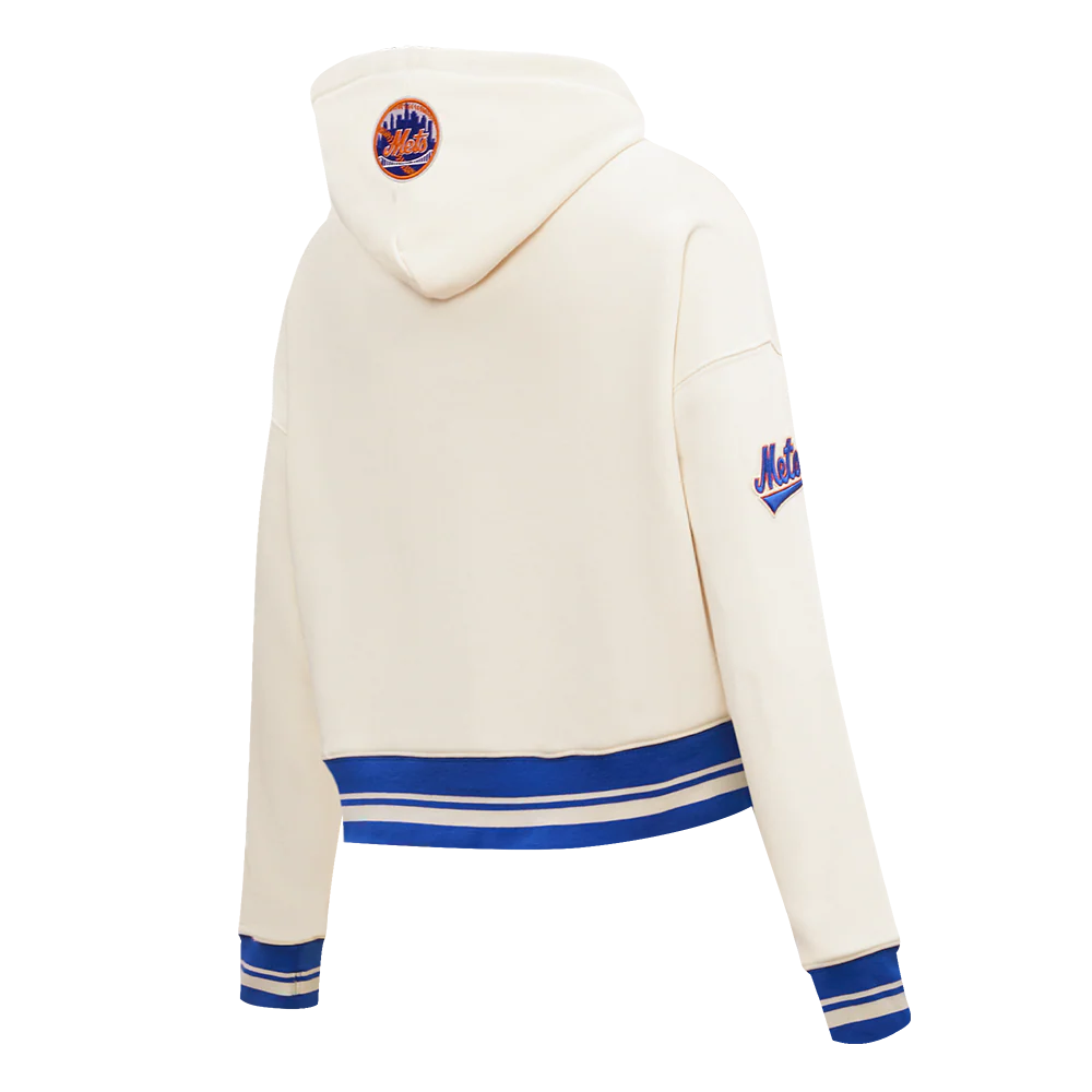 MLB NEW YORK METS RETRO CLASSIC WOMEN'S RIB CROPPED PULLOVER HOODIE (EGGSHELL/ROYAL BLUE) - Image 3
