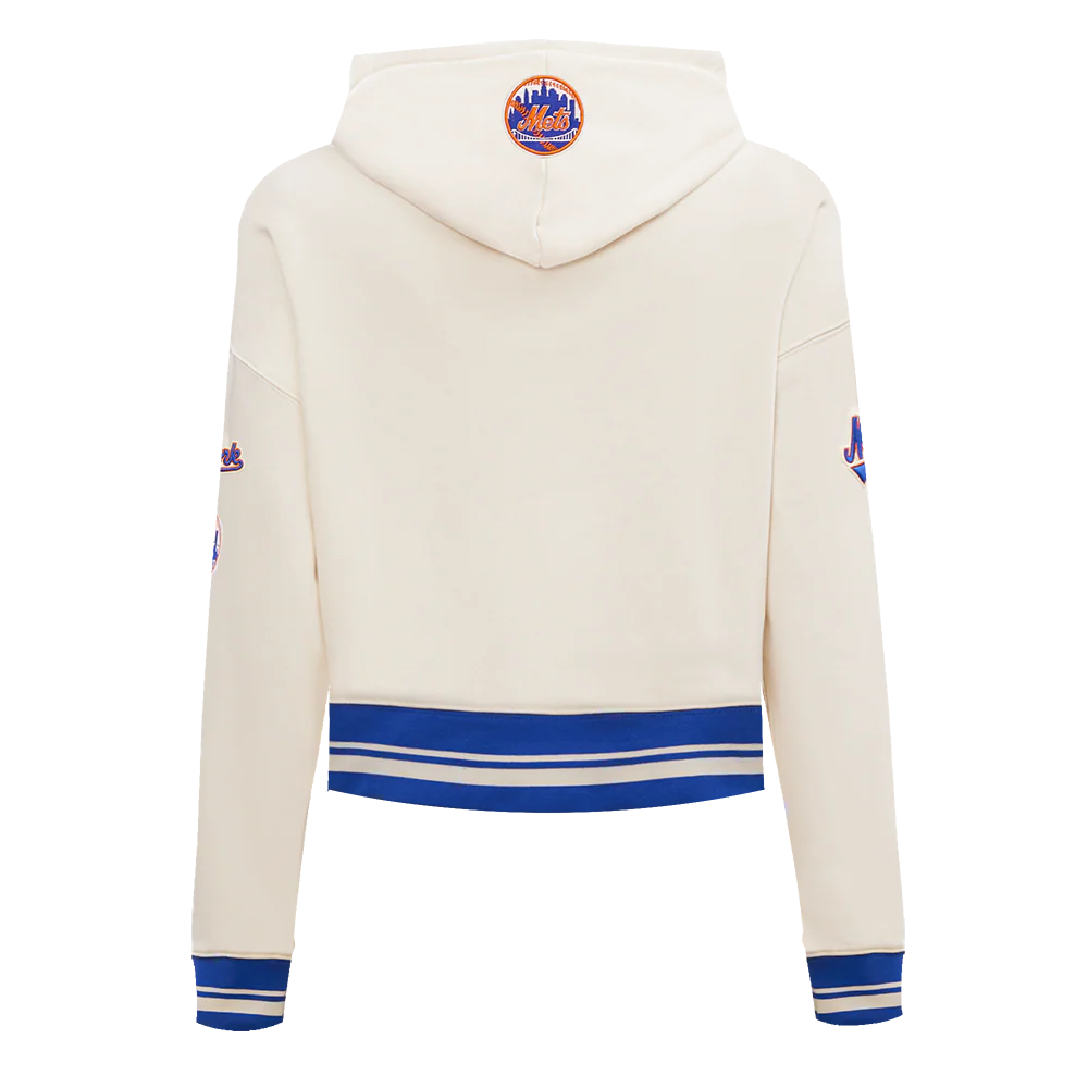 MLB NEW YORK METS RETRO CLASSIC WOMEN'S RIB CROPPED PULLOVER HOODIE (EGGSHELL/ROYAL BLUE) - Image 4