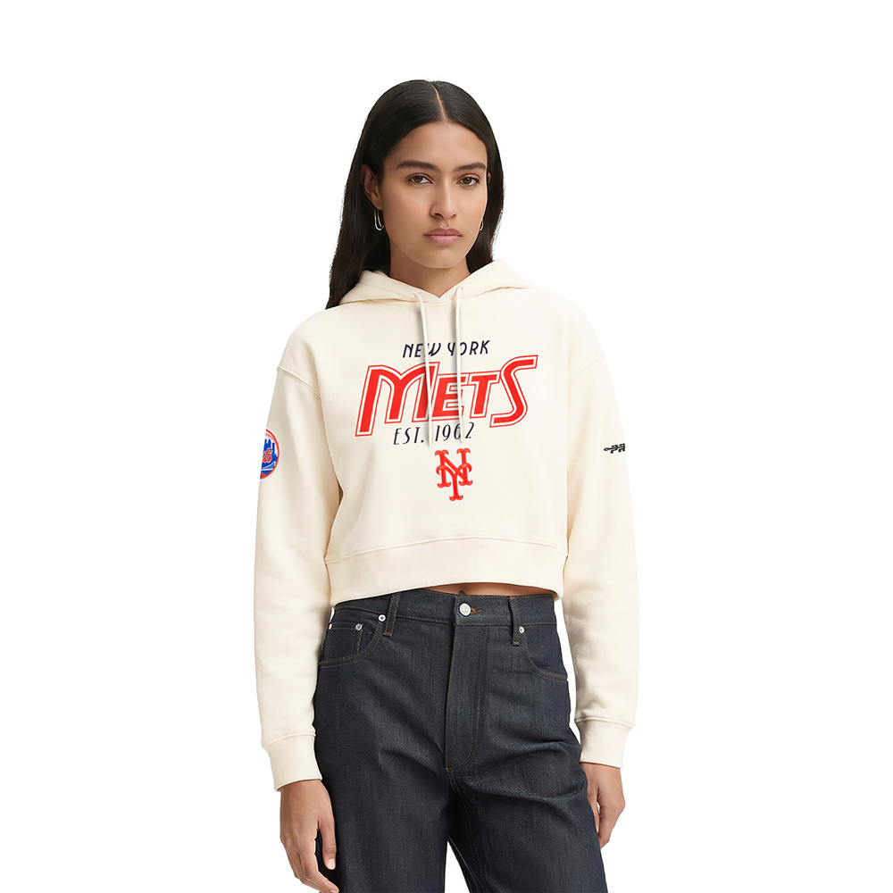 MLB NEW YORK METS PARADISE WOMEN'S CROPPED PULLOVER HOODIE (EGGSHELL) - Image 2