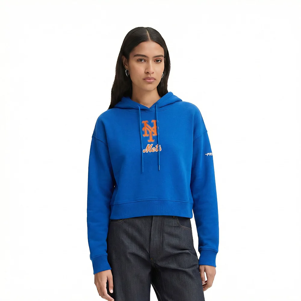 MLB NEW YORK METS CLASSIC CHENILLE WOMEN'S FLC CROPPED PO HOODIE (ROYAL BLUE)