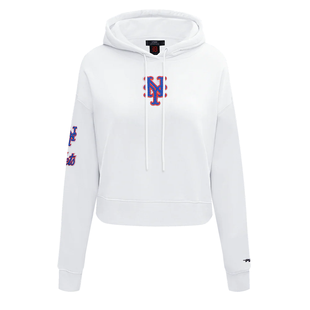 MLB NEW YORK METS CLASSIC WOMEN'S FLEECE CROPPED PULLOVER HOODIE (WHITE)