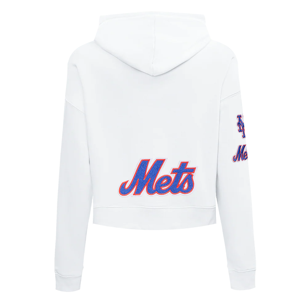 MLB NEW YORK METS CLASSIC WOMEN'S FLEECE CROPPED PULLOVER HOODIE (WHITE) - Image 3