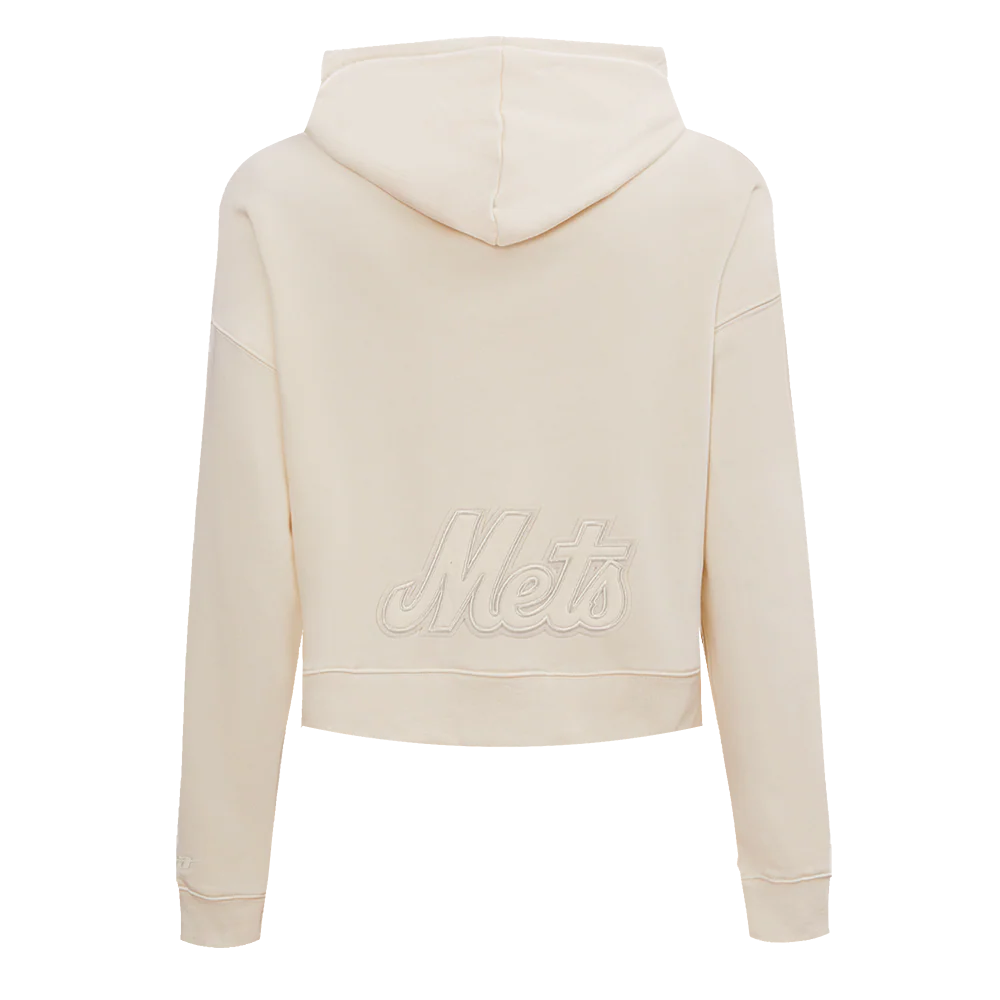 MLB NEW YORK METS NEUTRAL WOMEN'S CROPPED PULLOVER HOODIE (EGGSHELL) - Image 3