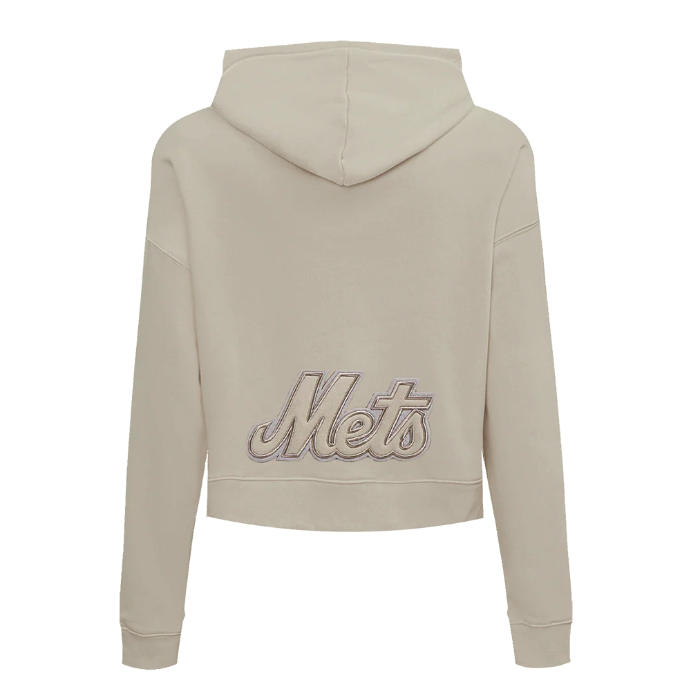 MLB NEW YORK METS NEUTRAL WOMEN'S CROPPED PULLOVER HOODIE (TAUPE) - Image 3