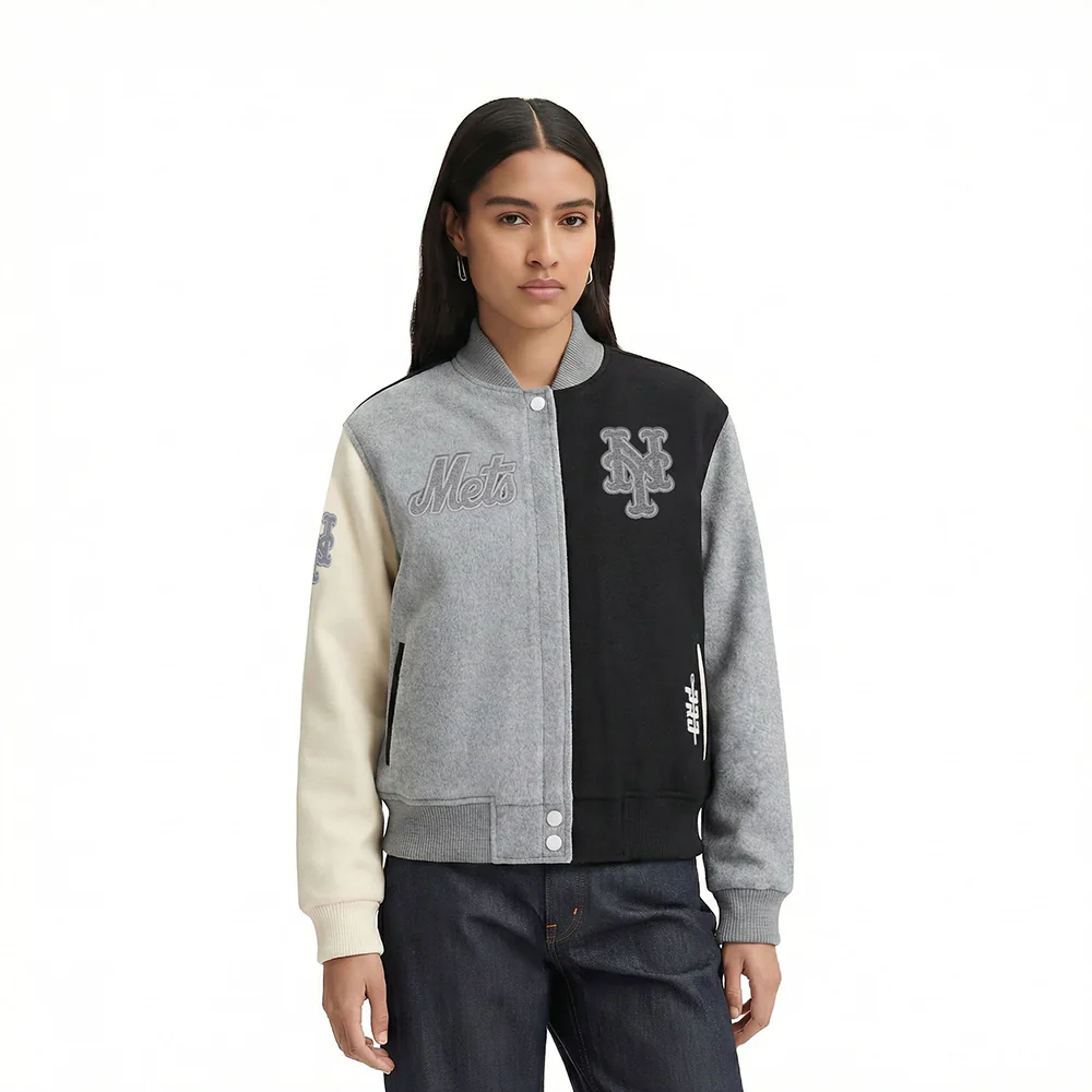 MLB NEW YORK METS REVERSE FRENCH TERRY WOMEN'S WOOL VARSITY JACKET (BLACK/GRAY/EGGSHELL)