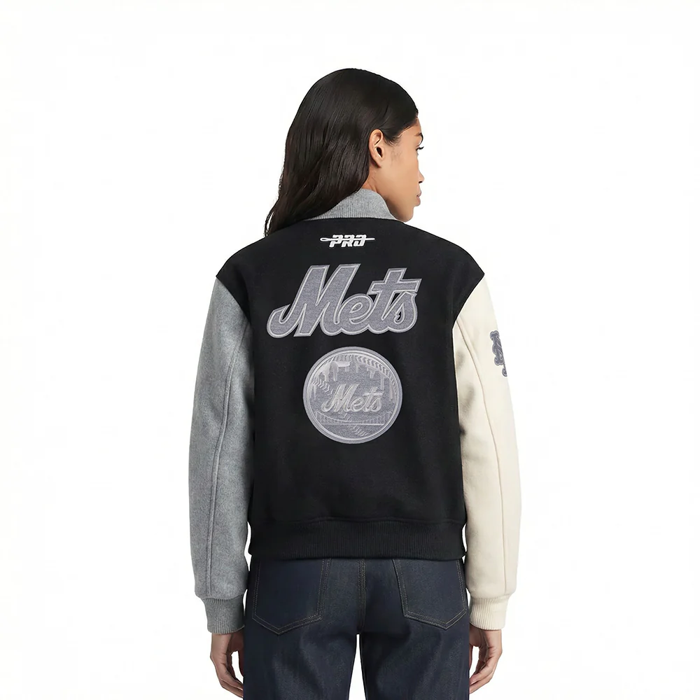MLB NEW YORK METS REVERSE FRENCH TERRY WOMEN'S WOOL VARSITY JACKET (BLACK/GRAY/EGGSHELL) - Image 2