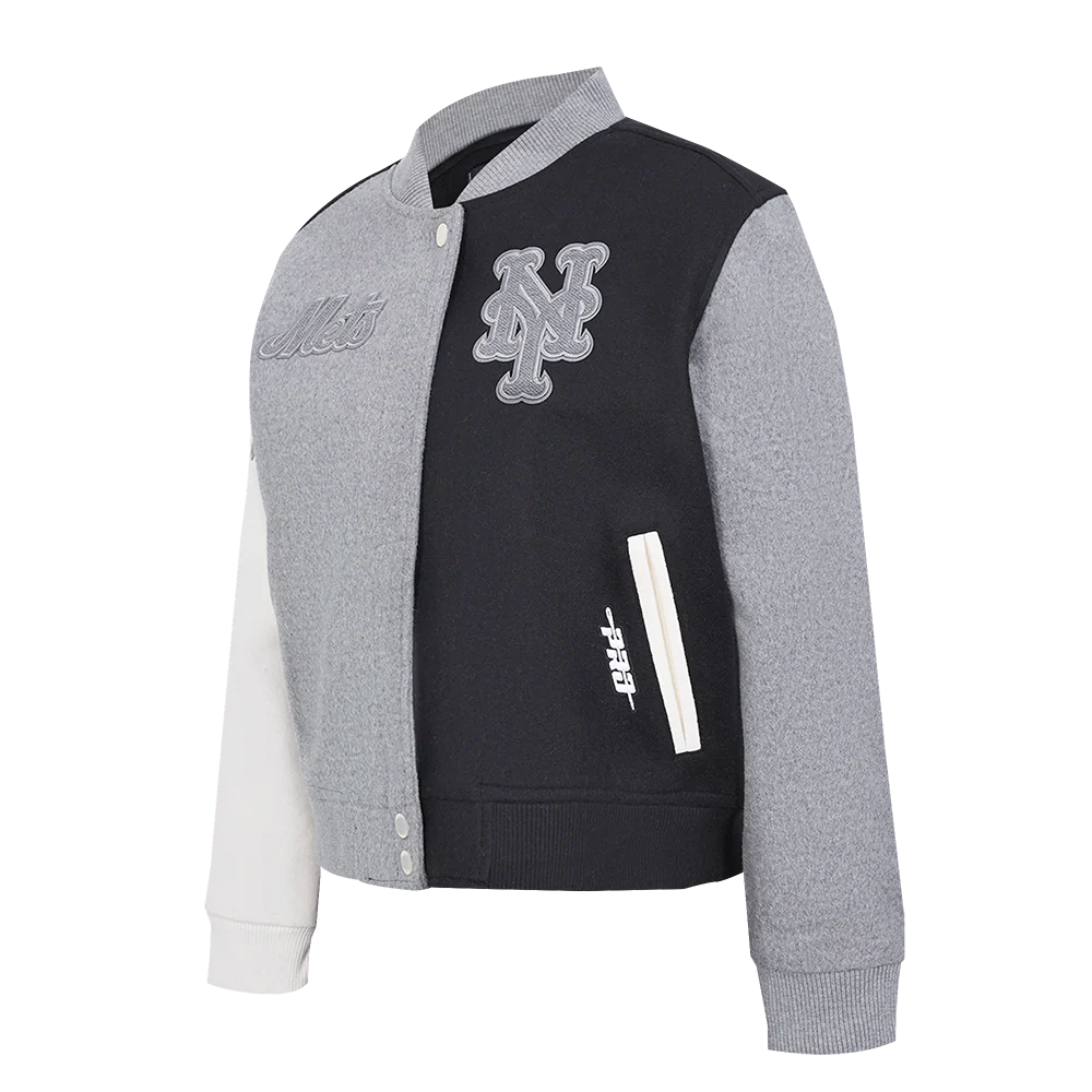 MLB NEW YORK METS REVERSE FRENCH TERRY WOMEN'S WOOL VARSITY JACKET (BLACK/GRAY/EGGSHELL) - Image 4