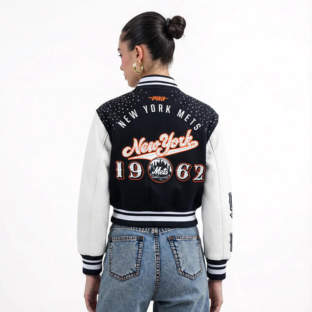MLB NEW YORK METS LEGACY WOMEN'S CROPPED RIB WOOL VARSITY JACKET (BLACK/WHITE) - Image 2