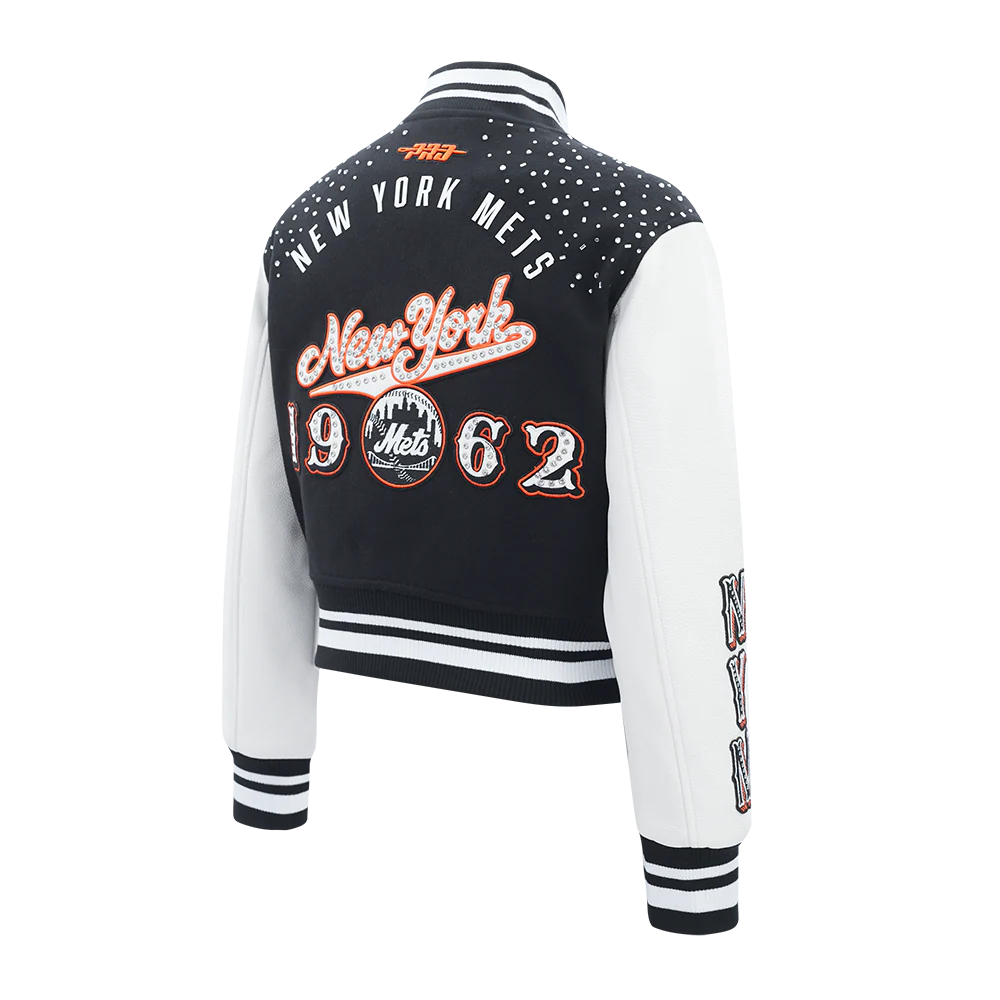 MLB NEW YORK METS LEGACY WOMEN'S CROPPED RIB WOOL VARSITY JACKET (BLACK/WHITE) - Image 4