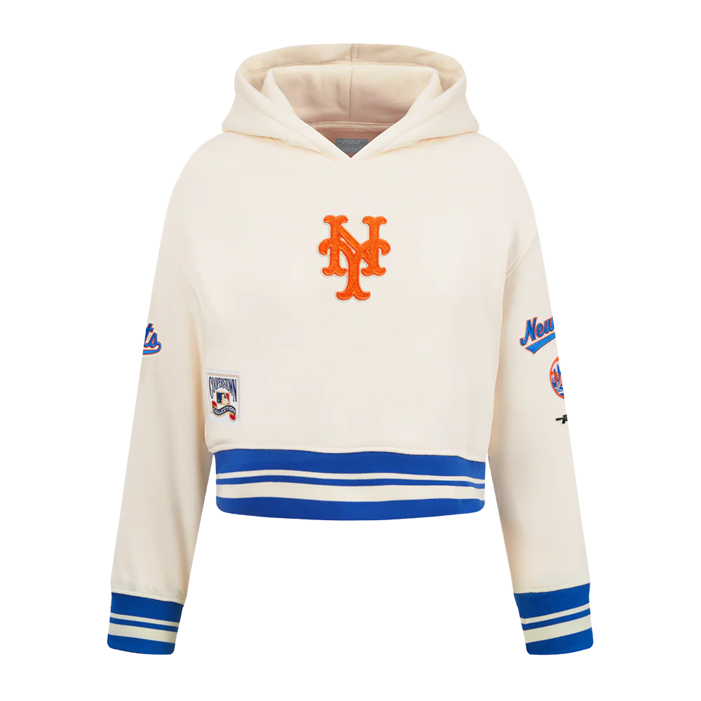 MLB NEW YORK METS RETRO CLASSIC LITTLE GIRLS RIB FLEECE PO HOODIE (EGGSHELL/ROYAL BLUE)