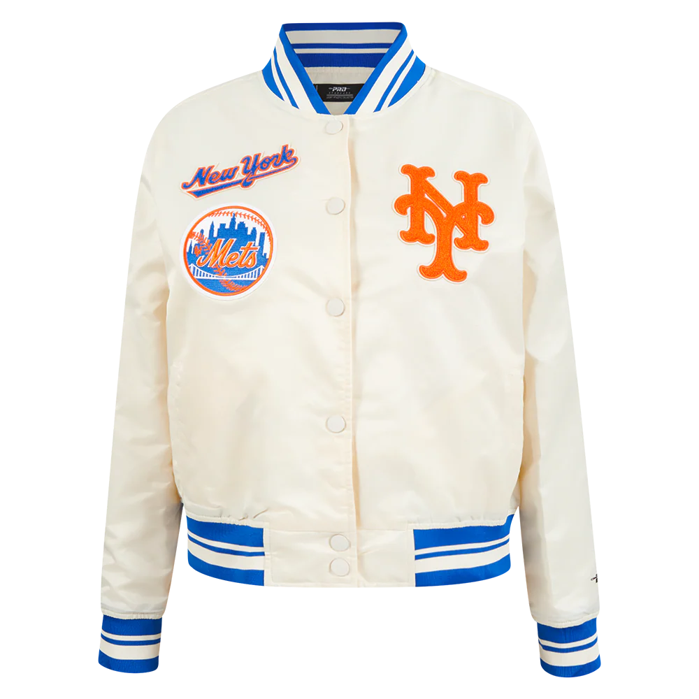 MLB NEW YORK METS RETRO CLASSIC WOMEN'S RIB SATIN JACKET (EGGSHELL/ROYAL BLUE)