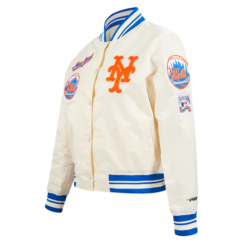 MLB NEW YORK METS RETRO CLASSIC WOMEN'S RIB SATIN JACKET (EGGSHELL/ROYAL BLUE) - Image 2