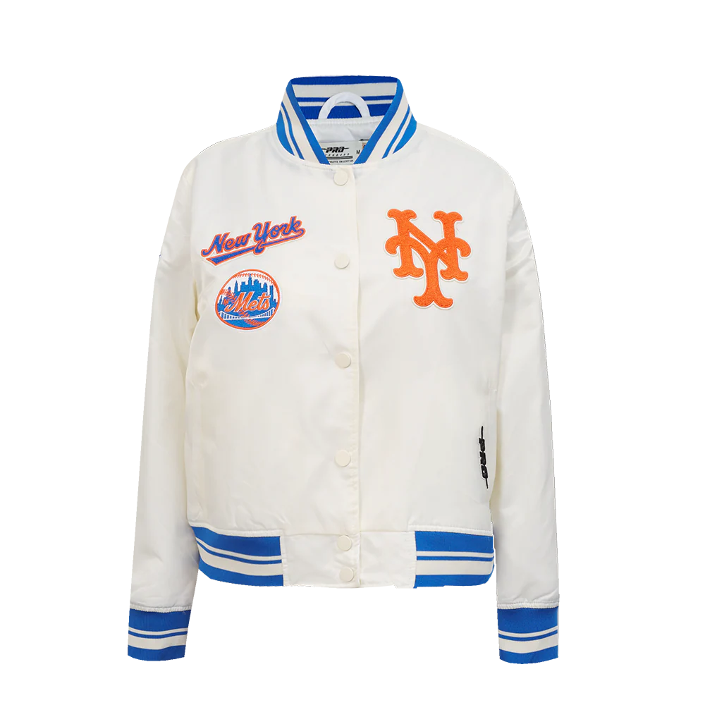 MLB NEW YORK METS RETRO CLASSIC WOMEN'S RIB SATIN JACKET (EGGSHELL/ ROYAL BLUE) - Image 3