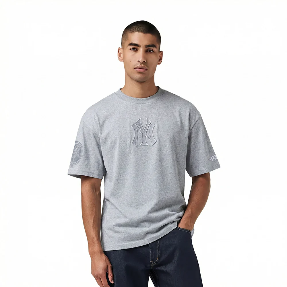 MLB NEW YORK YANKEES REVERSE FRENCH TERRY MEN'S COTTON JERSEY DROP SHOULDER TOP (DARK HEATHER GRAY)