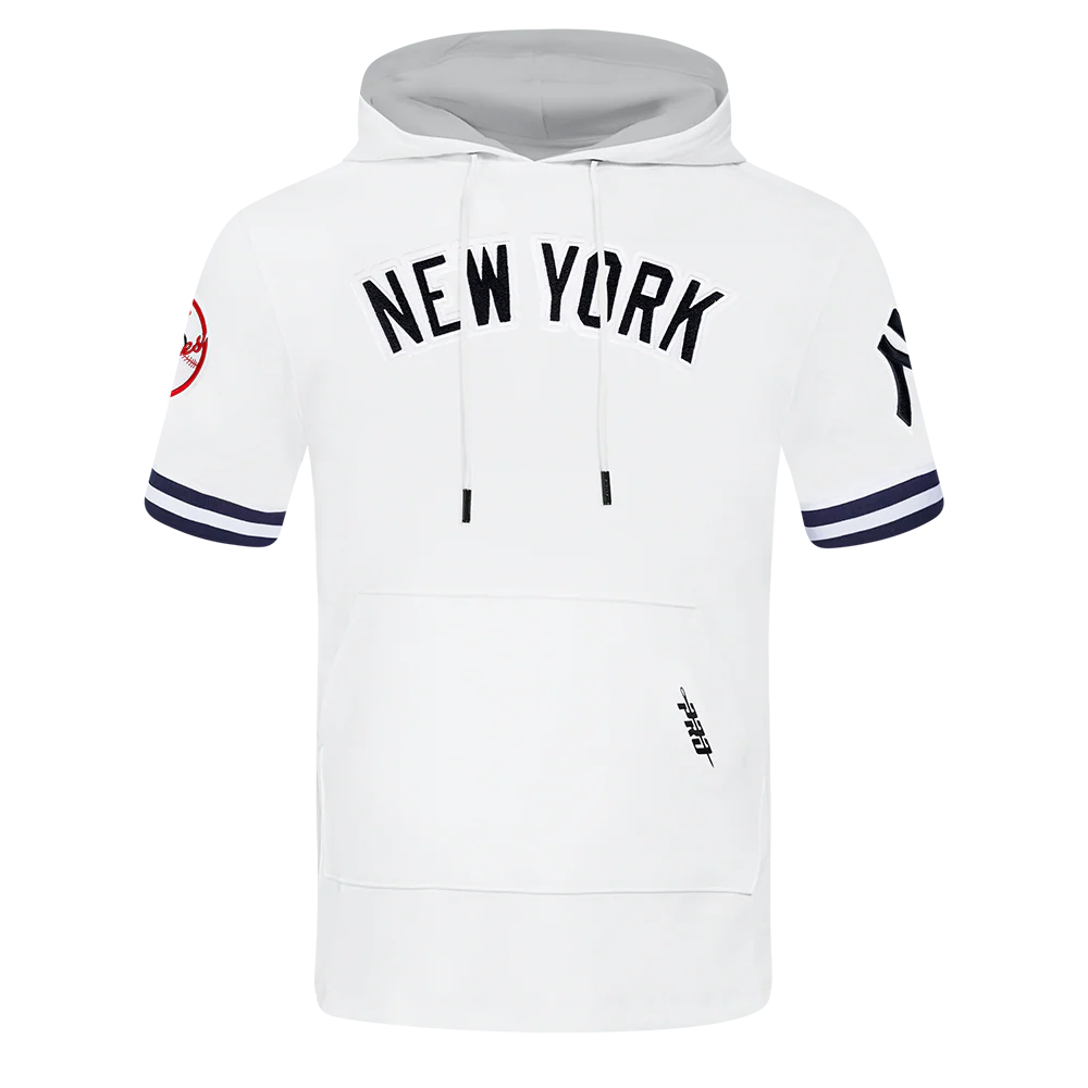 MLB NEW YORK YANKEES CLASSIC CHENILLE MEN'S DOUBLE KNIT SHORT SLEEVE PULLOVER HOODIE (WHITE/MIDNIGHT NAVY)