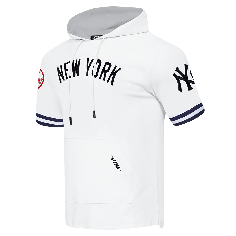 MLB NEW YORK YANKEES CLASSIC CHENILLE MEN'S DOUBLE KNIT SHORT SLEEVE PULLOVER HOODIE (WHITE/MIDNIGHT NAVY) - Image 2