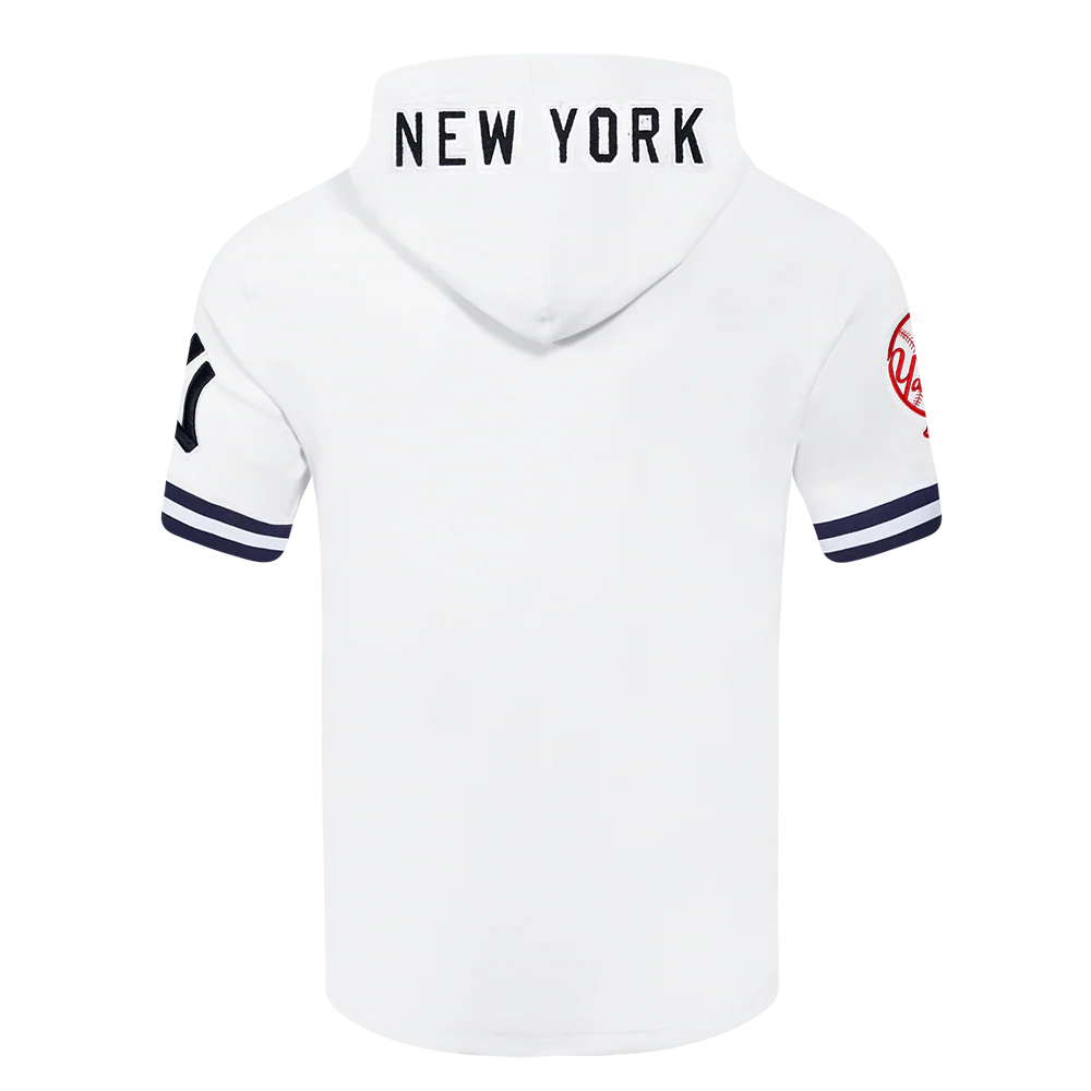 MLB NEW YORK YANKEES CLASSIC CHENILLE MEN'S DOUBLE KNIT SHORT SLEEVE PULLOVER HOODIE (WHITE/MIDNIGHT NAVY) - Image 3