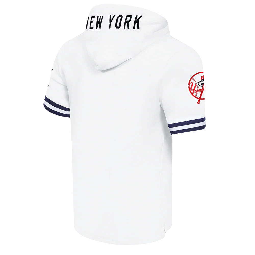 MLB NEW YORK YANKEES CLASSIC CHENILLE MEN'S DOUBLE KNIT SHORT SLEEVE PULLOVER HOODIE (WHITE/MIDNIGHT NAVY) - Image 4