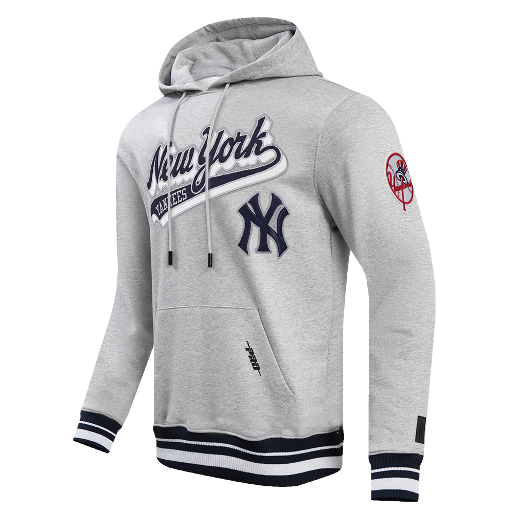 MLB NEW YORK YANKEES SCRIPT TAIL MEN'S RIB FLEECE PULLOVER HOODIE (HEATHER GREY/MIDNIGHT NAVY) - Image 2
