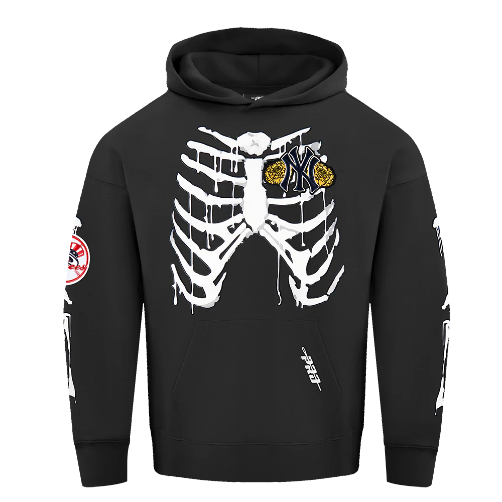 MLB NEW YORK YANKEES RIB CAGE MEN'S DROP SHOULDER FLEECE PULLOVER HOODIE (BLACK)