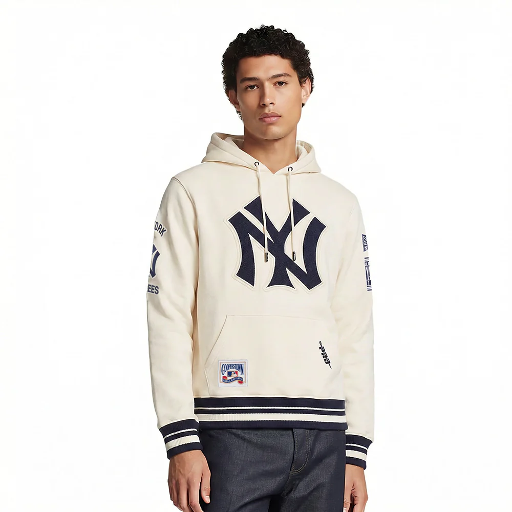 MLB NEW YORK YANKEES RETRO CLASSICS MEN'S RIB FLC PO HOODIE (EGGSHELL/ MIDNIGHT NAVY)