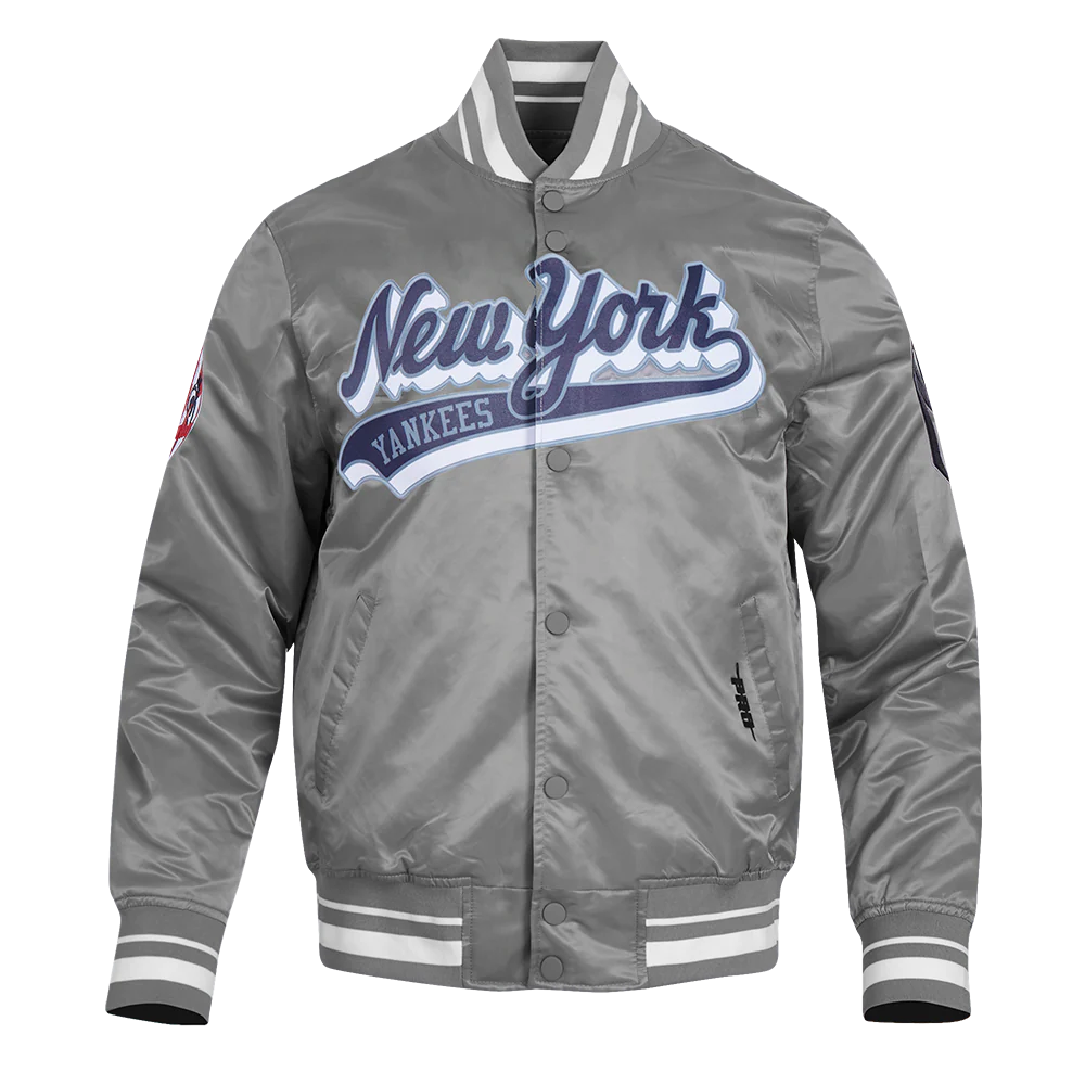 MLB NEW YORK YANKEES SCRIPT TAIL MEN'S RIB SATIN JACKET (GRAY)