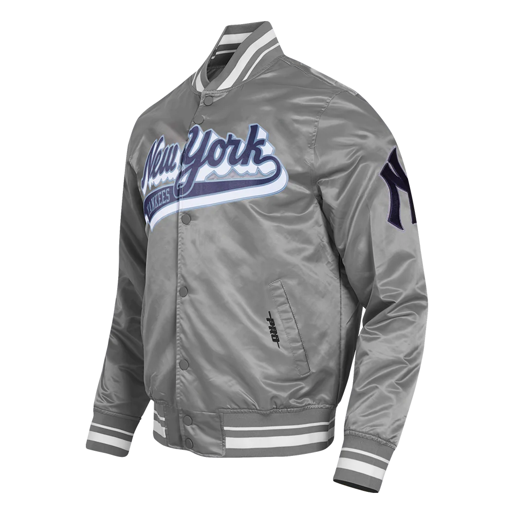 MLB NEW YORK YANKEES SCRIPT TAIL MEN'S RIB SATIN JACKET (GRAY) - Image 2