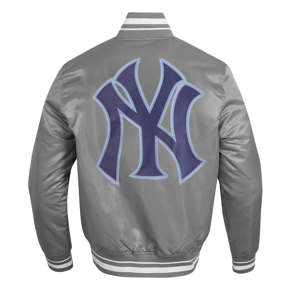 MLB NEW YORK YANKEES SCRIPT TAIL MEN'S RIB SATIN JACKET (GRAY) - Image 3