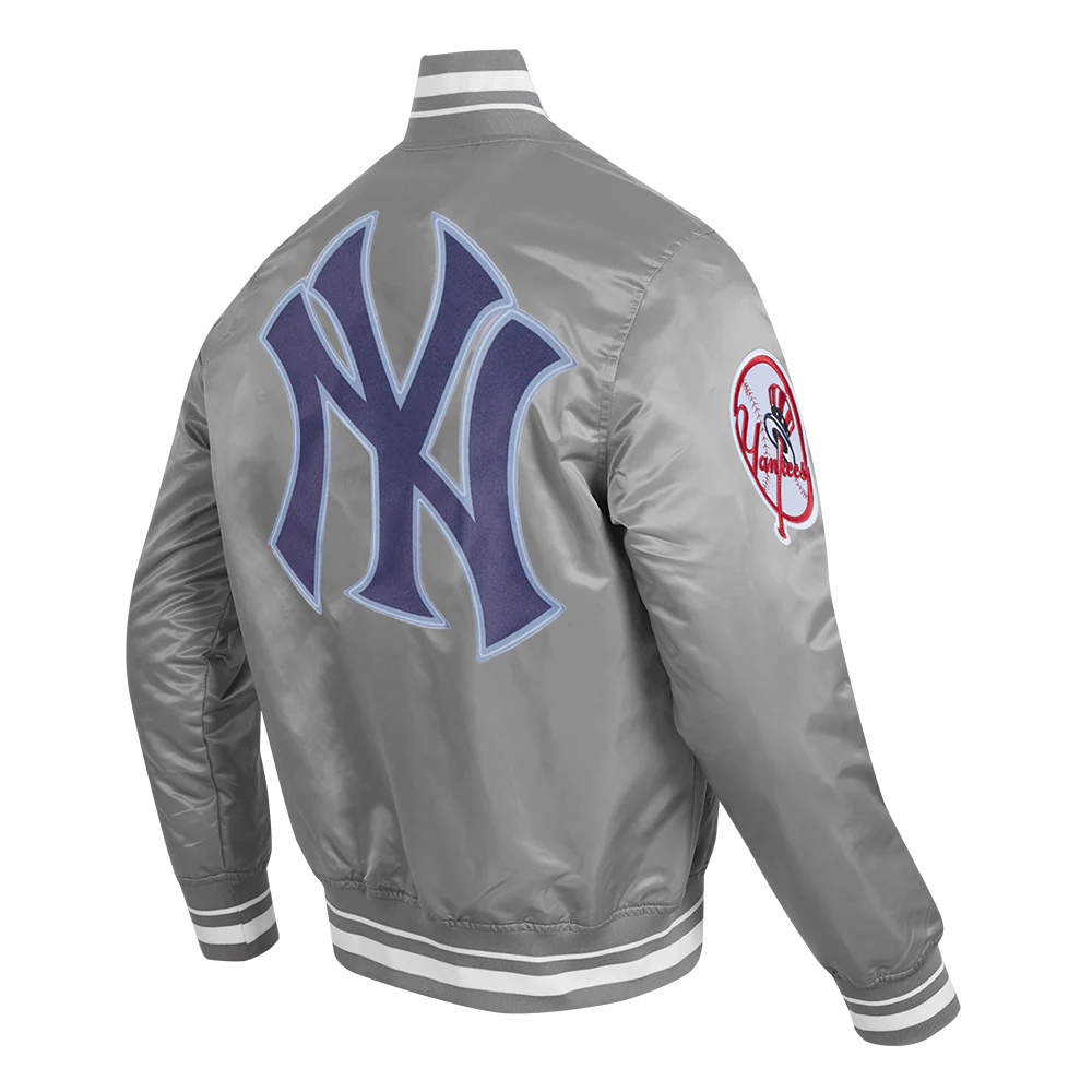 MLB NEW YORK YANKEES SCRIPT TAIL MEN'S RIB SATIN JACKET (GRAY) - Image 4