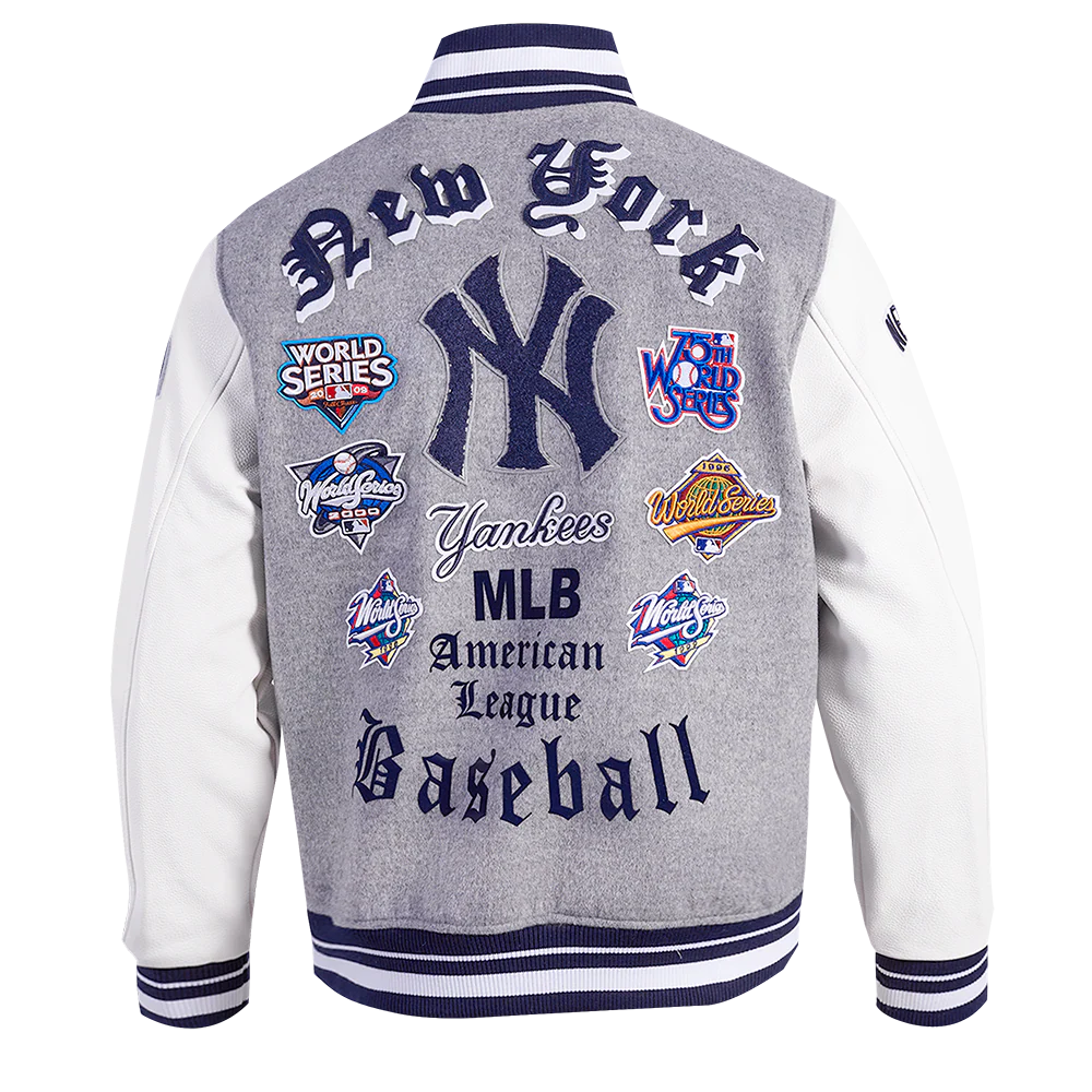 MLB NEW YORK YANKEES OLD ENGLISH MEN'S RIB WOOL VARSITY JACKET (HEATHER GREY/WHITE/MIDNIGHT NAVY) - Image 3
