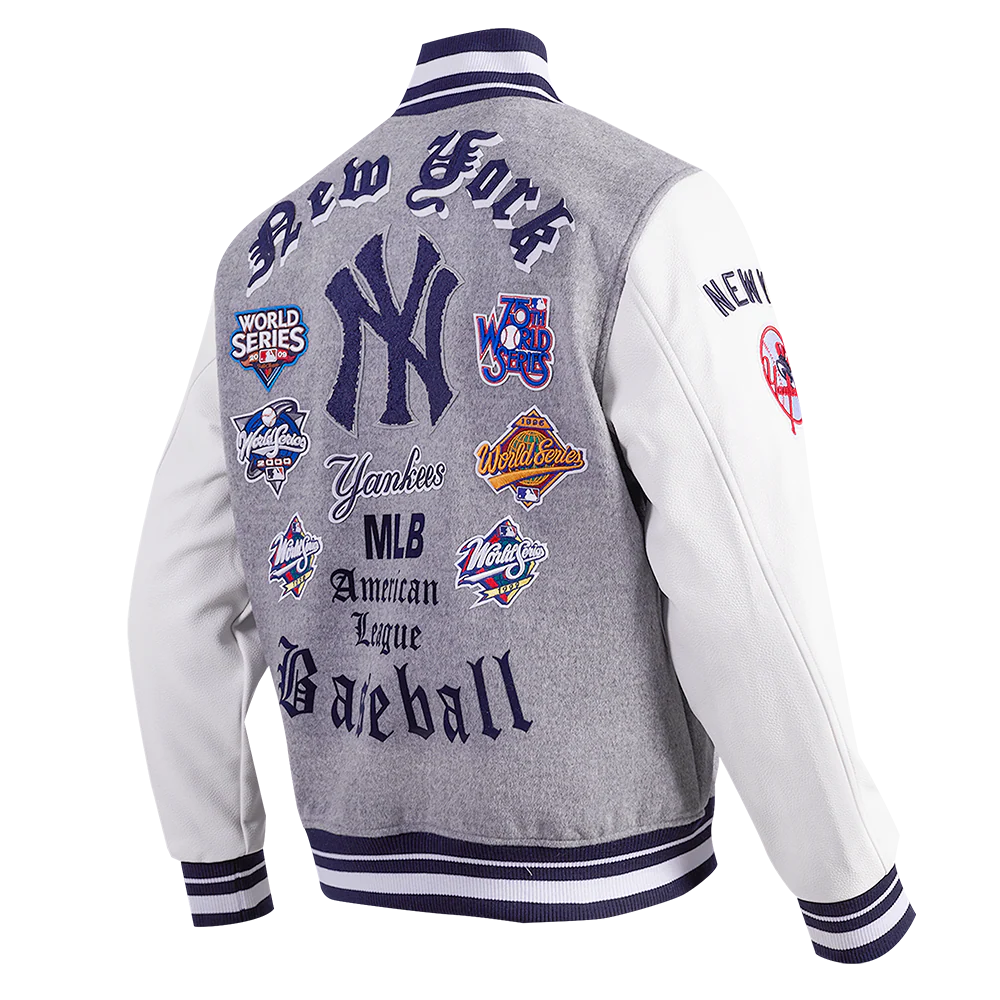 MLB NEW YORK YANKEES OLD ENGLISH MEN'S RIB WOOL VARSITY JACKET (HEATHER GREY/WHITE/MIDNIGHT NAVY) - Image 4