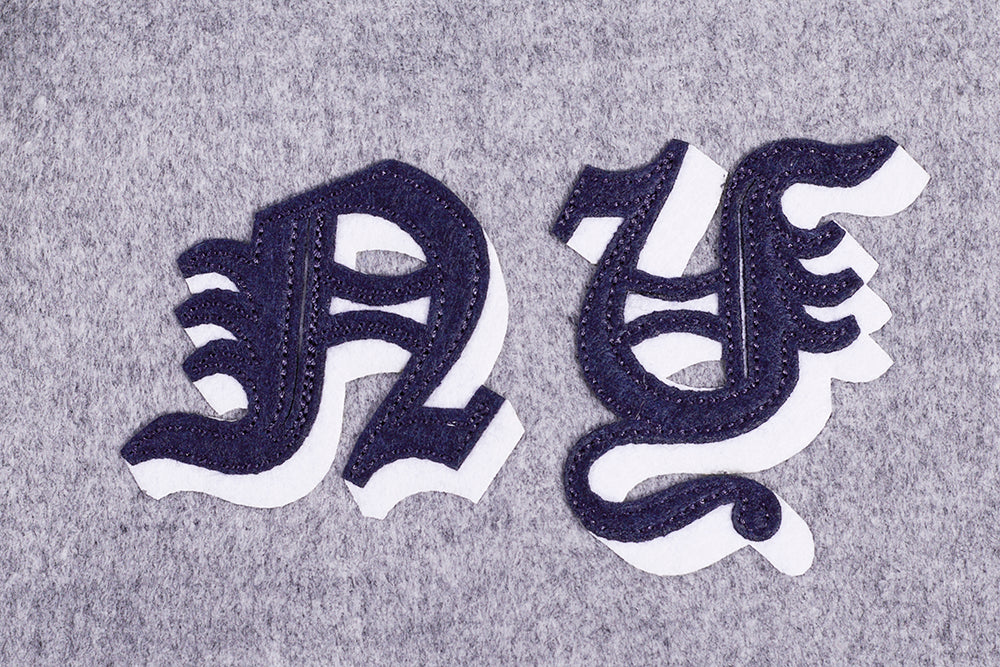 MLB NEW YORK YANKEES OLD ENGLISH MEN'S RIB WOOL VARSITY JACKET (HEATHER GREY/WHITE/MIDNIGHT NAVY) - Image 5