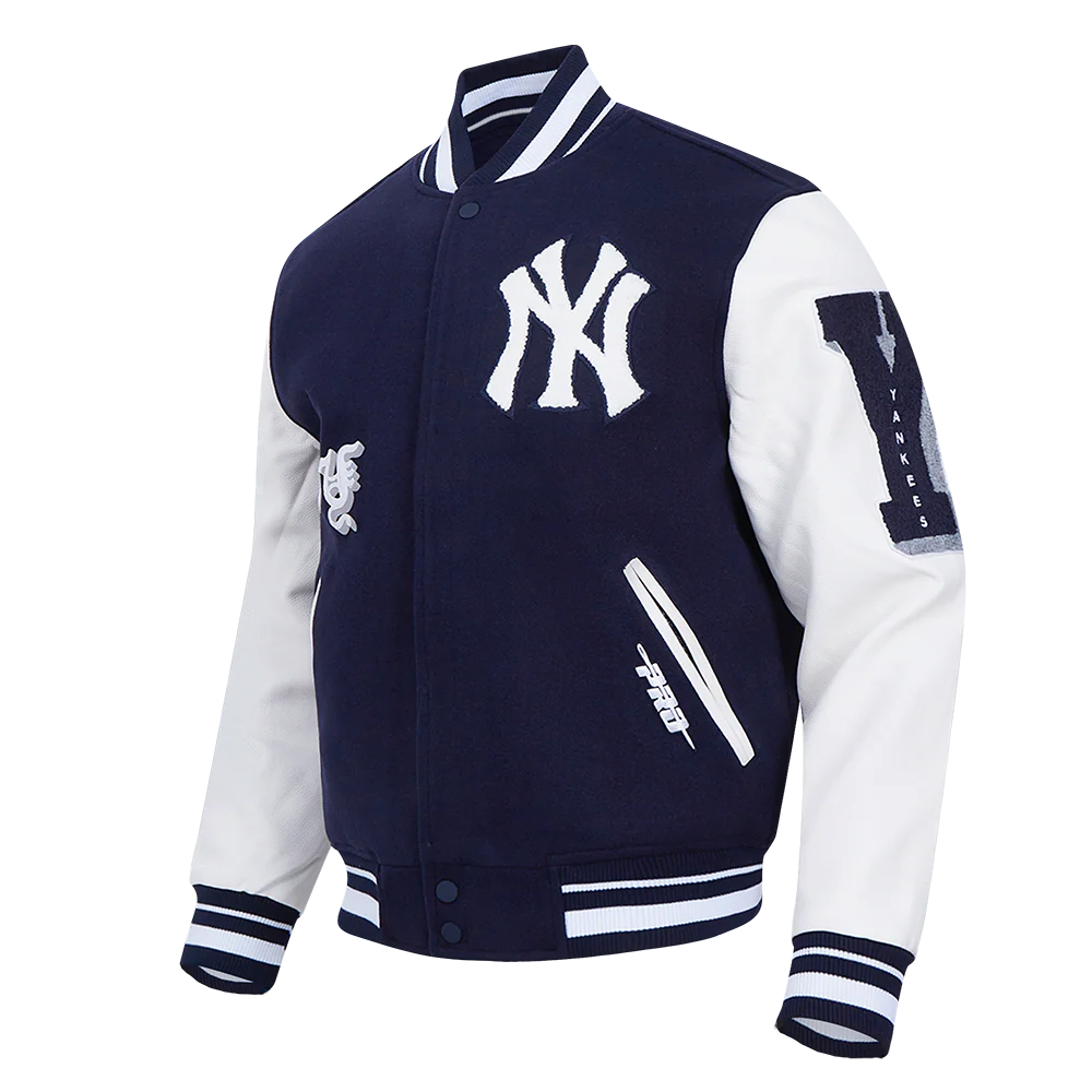 MLB NEW YORK YANKEES OLD ENGLISH MEN'S RIB WOOL VARSITY JACKET (MIDNIGHT NAVY/WHITE) - Image 2