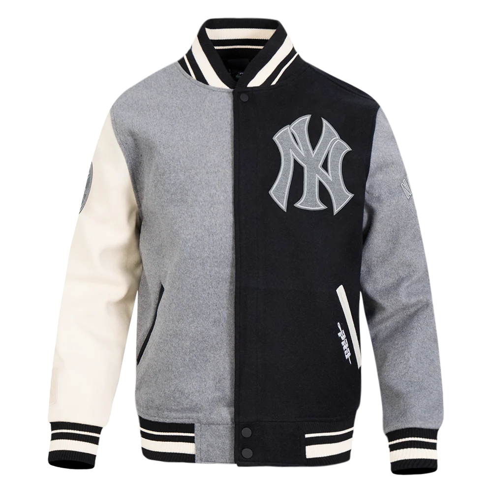 MLB NEW YORK YANKEES REVERSE FRENCH TERRY MEN'S COLOR BLOCK WOOL VARSITY JACKET (BLACK/GRAY/EGGSHELL) - Image 5
