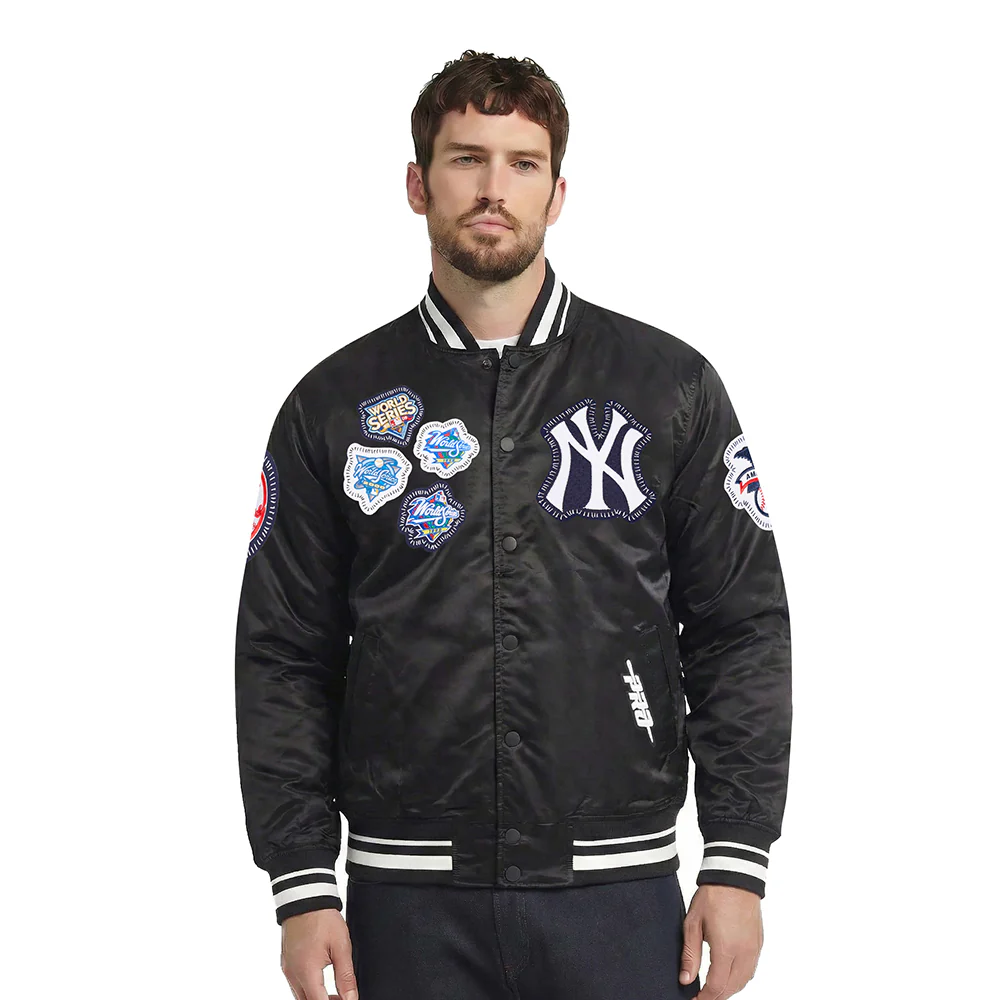 MLB NEW YORK YANKEES DIY PICK STITCH MEN'S RIB SATIN JACKET (BLACK)