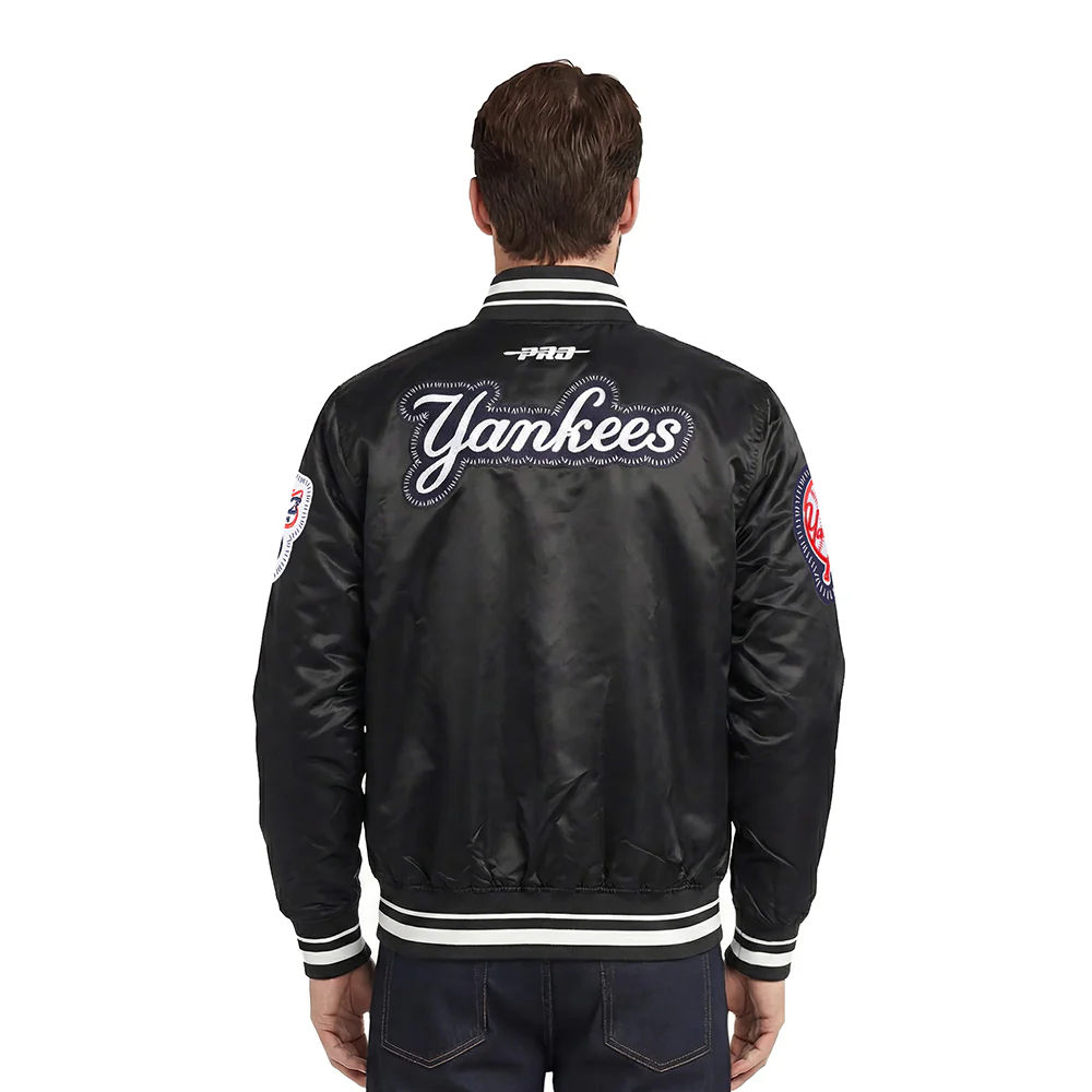 MLB NEW YORK YANKEES DIY PICK STITCH MEN'S RIB SATIN JACKET (BLACK) - Image 2