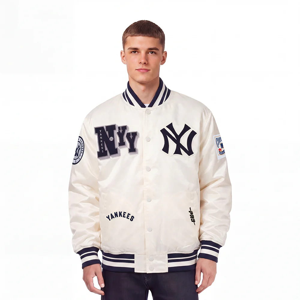MLB NEW YORK YANKEES BEST OF MEN'S RIB SATIN JACKET (EGGSHELL/ MIDNIGHT NAVY)