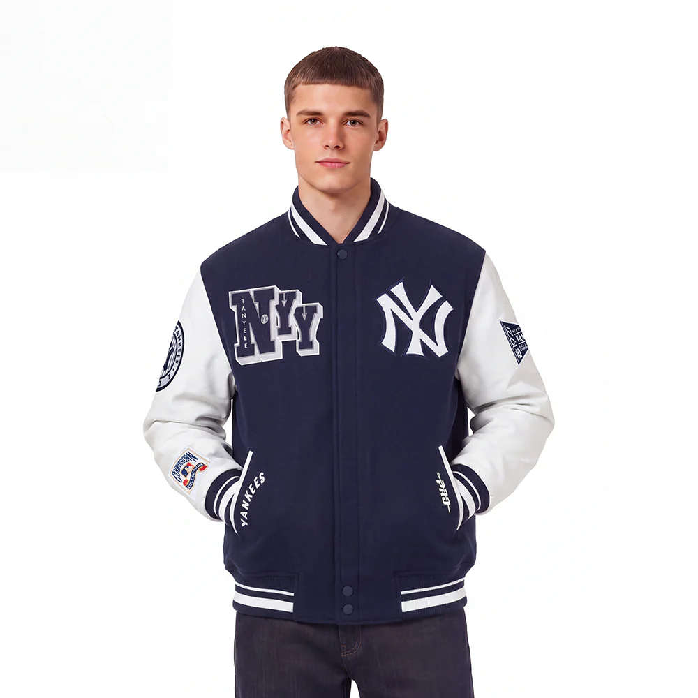 MLB NEW YORK YANKEES BEST OF MEN'S RIB WOOL VARSITY JACKET (MIDNIGHT NAVY/WHITE)
