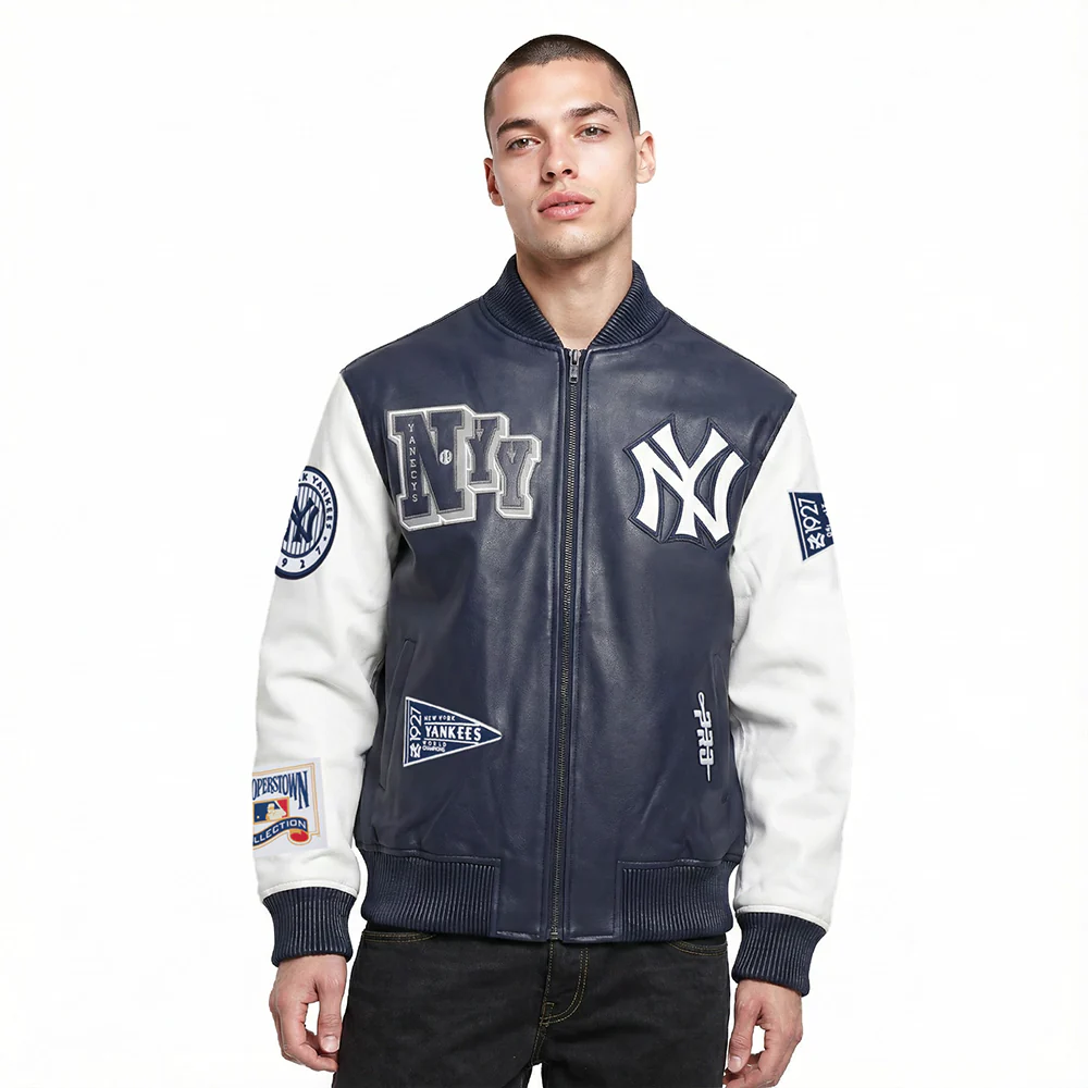 MLB NEW YORK YANKEES BEST OF MEN'S LEATHER VARSITY JACKET (MIDNIGHT NAVY/WHITE)