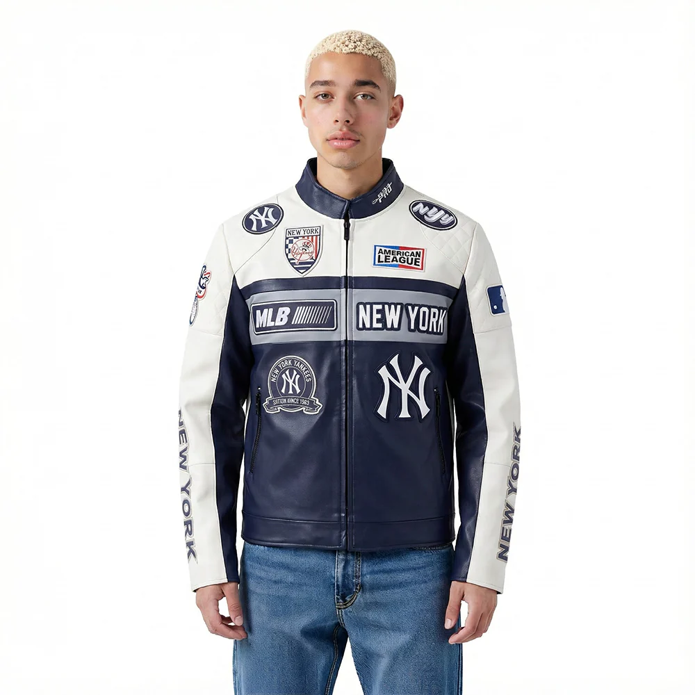 MLB NEW YORK YANKEES MEN'S MOTO JACKET (EGGSHELL/ MIDNIGHT NAVY)