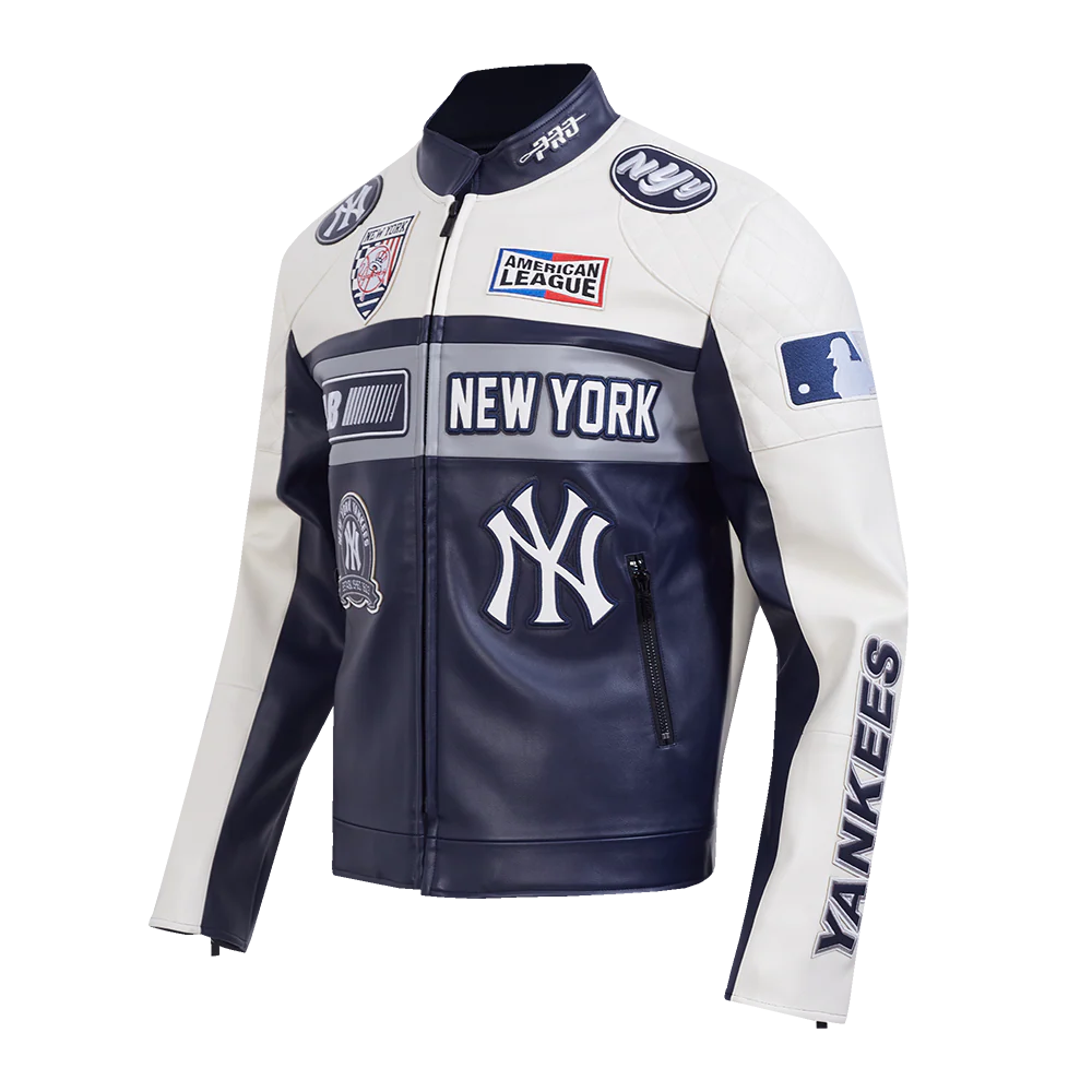 MLB NEW YORK YANKEES MEN'S MOTO JACKET (EGGSHELL/ MIDNIGHT NAVY) - Image 3