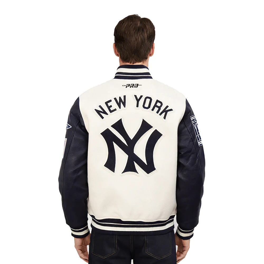 MLB NEW YORK YANKEES RETRO CLASSICS MEN'S RIB WOOL VARSITY JACKET (EGGSHELL/ MIDNIGHT NAVY) - Image 2